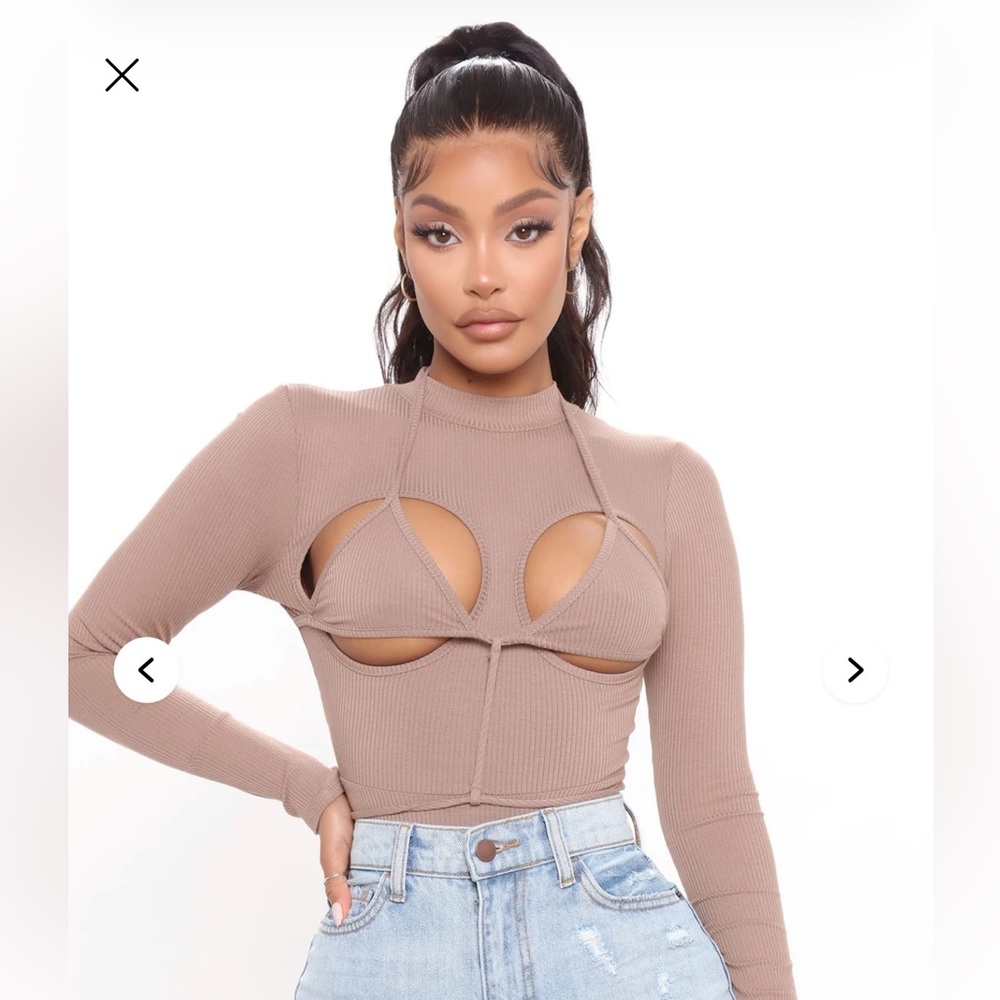 Fashion Nova Taupe Cutout Ribbed Long-Sleeve Bodysuit